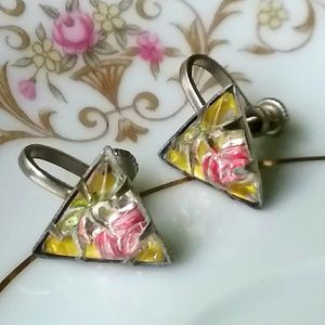 VTG Glass Rose Encased Screw-back Earrings